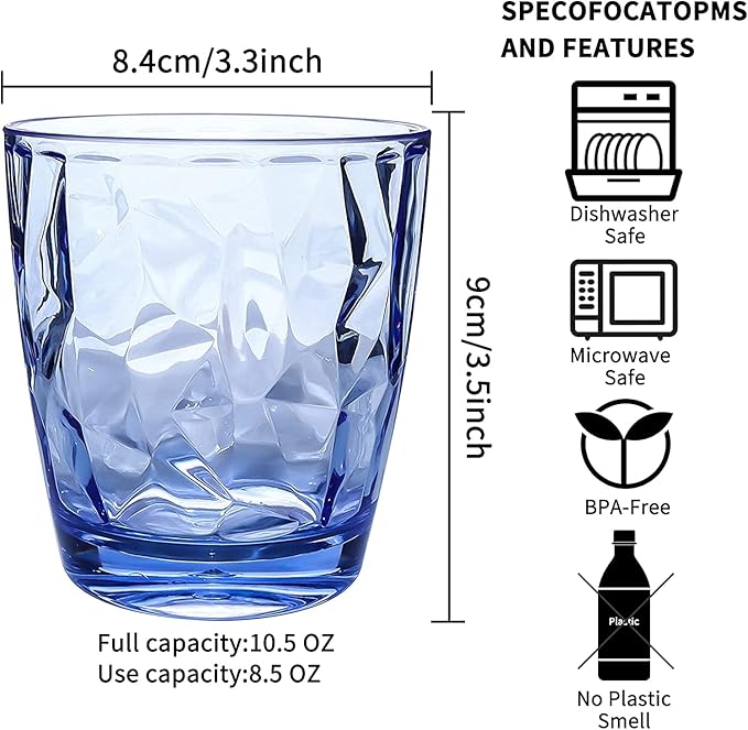 Topsky 10 oz Plastic Water Tumblers | Set of 4 Transparent Unbreakable Drinking Glasses Clear Acrylic Reusable Juice Wine Cups for Home Picnic Party, Dishwasher Safe, Stackable (Blue)