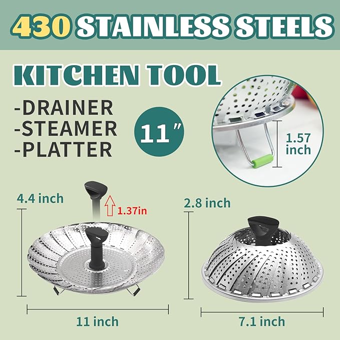SHIKORI Steamer Basket,Stainless Steel Vegetable Steamer Basket Folding,Folding Expandable Steamers,Expandable to Fit Various Size Pot-Green 11 in