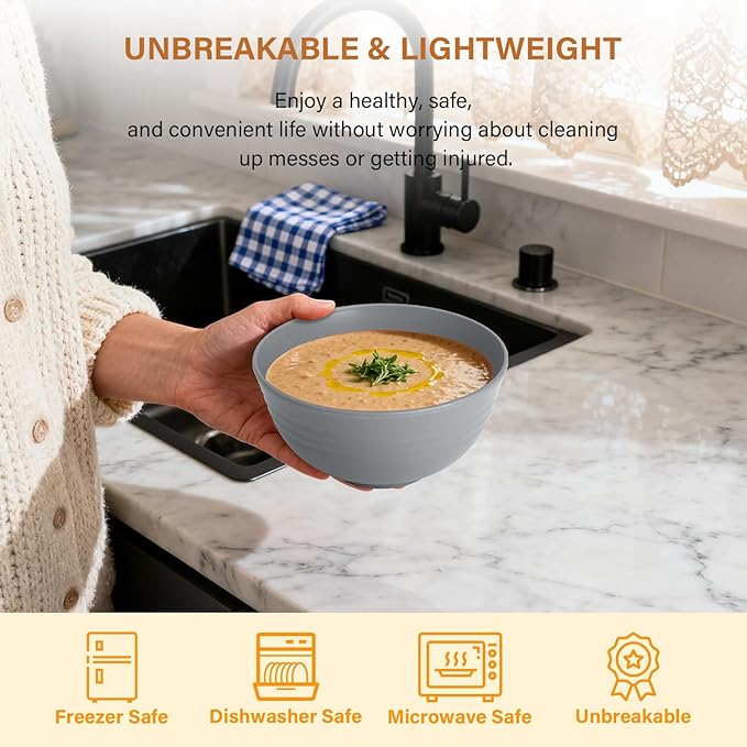 Homienly Cereal Bowl Set, Wheat Straw Fiber Unbreakable Lightweight Bowls Set (Grey Stone, 26 OZ)