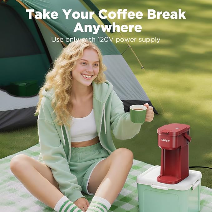 Single Serve One Cup Coffee Maker, for K Cups and Grounds, Mini Coffee Maker with Portable Handle, 6 to 12 Oz Brew Size, for Travel, Camping, Office, RV and Dorm, 120V, Vintage Red