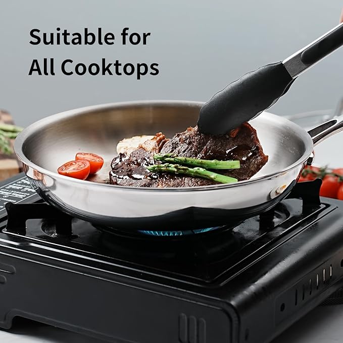 10 Inch Tri-Ply Stainless Steel Frying Pan with Lid,Whole-Clad No Coatings Skillet with Stay-cool Handle for Cooking,Dishwasher and Oven Safe,Induction Pans