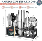 HMYBAR® Mixology Bartender kit | Cocktail Shaker Set | Boston Shaker Set, 20/28 OZ | Martini Making Set for Home Bar. Total 31 pcs incl 39-Recipe Cocktail Cards. Silver Tools. Bamb Stand Black Color