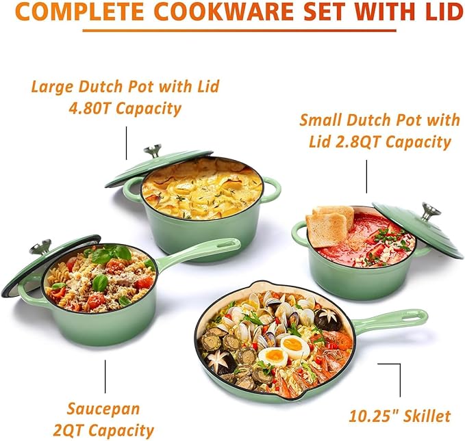 Hisencn Enameled Cast Iron Cookware Set - 7 Piece Set of Dutch Ovens, Sauce Pan, Skillet, 3 Lids, Dutch Oven Set, Ceramic Coated Cast Iron, Heavy Duty, Gas/Induction Compatible (Pistachio Green)
