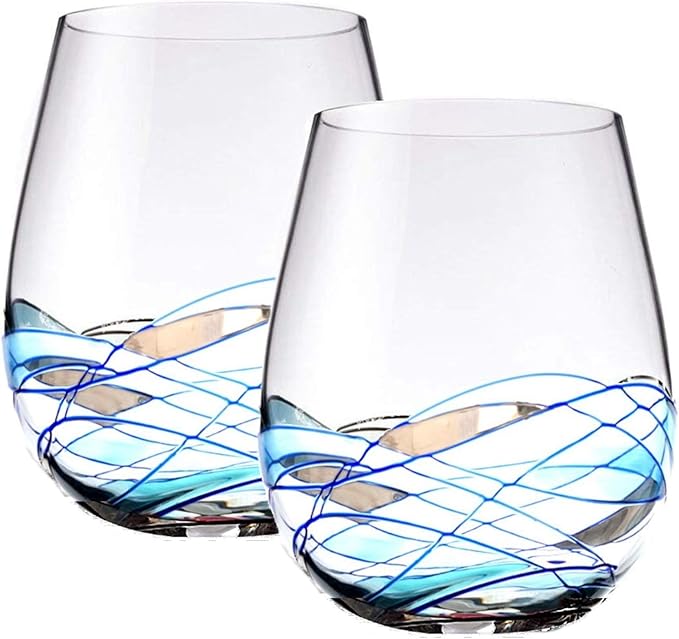 Bezrat Stemless Wine Glasses Set of Two | Hand Painted Large Premium Red and White Wine glasses | Lead-Free Crystal | Essential Wine Gift | 18 Ounces (Blue)