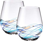 Bezrat Stemless Wine Glasses Set of Two | Hand Painted Large Premium Red and White Wine glasses | Lead-Free Crystal | Essential Wine Gift | 18 Ounces (Blue)