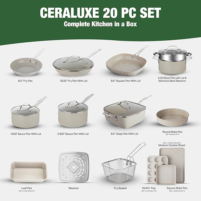 Granitestone 20 Pc Ceramic Cookware Set Nonstick, Complete Pots and Pans Set Non Stick for Kitchen with 5 Pc Bakeware Set, Deep Frying Pan Set, & Steamer, Non Toxic PFOA Free, Oven & Dishwasher Safe