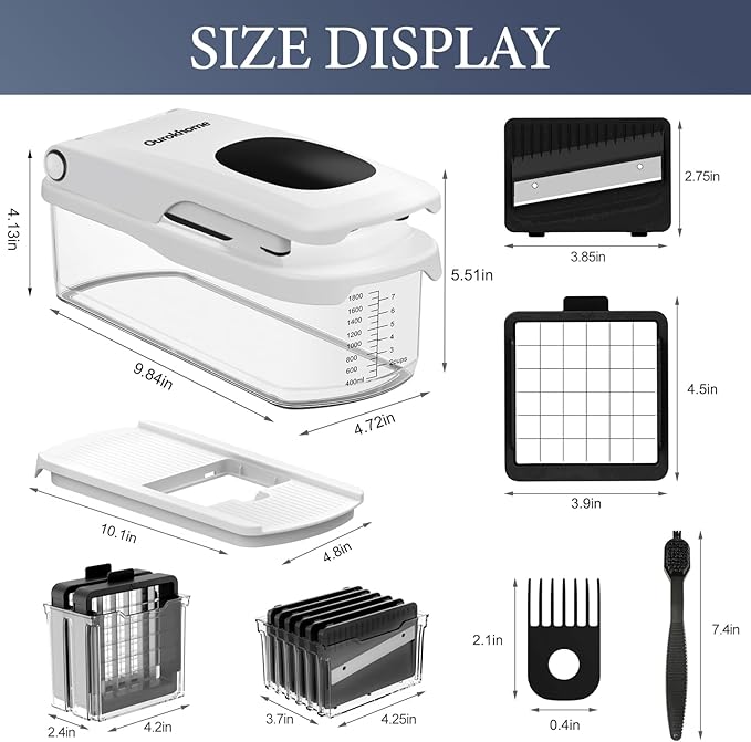 Ourokhome Food Chopper with Container, Manual Mandolin Vegetable Slicer Onion Dicer with 8 Blades, Hand Veggie Shredder for Potato, Tomato, Essential Kitchen Gadgets (8 in 1, White)