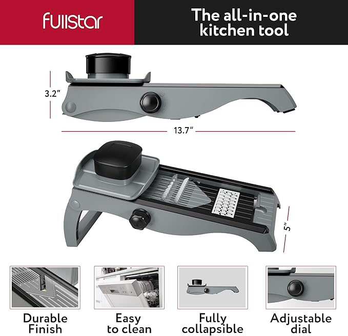 Fullstar Mandoline Slicer for Kitchen – Stainless Steel Vegetable Cutter & Cheese Grater with Adjustable Blades, Safety Glove & Catch Tray Included (7-in-1, Silver)