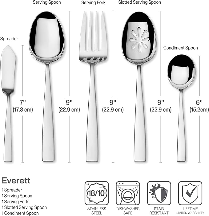 Mikasa Everett 101-Piece Flatware Set for 12, 18/10 Stainless Steel Cutlery with Complete Service and Serving Pieces, Sleek and Durable Design