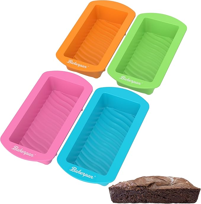 Bakerpan Silicone Mini Loaf Pans for Baking, Mini Cake Pans, 4.5 Inch Baking Pan, Reusable Baking Mold - Set of 4