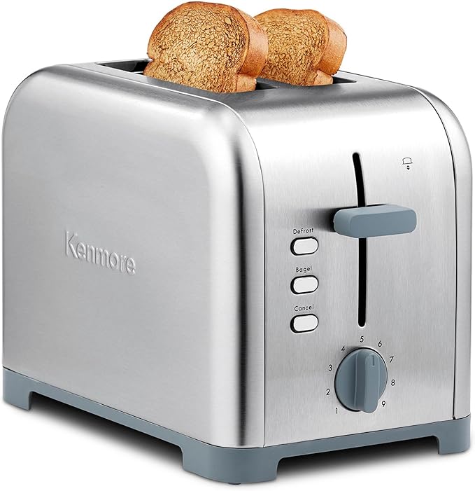 Kenmore toaster 2 slice - extra wide slot countertop kitchen appliance, defrost function, grille-pain, 9 shade settings, compact design, easy clean crumb tray, bread bagel, stainless steel