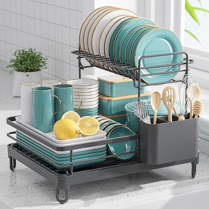 Dish Drying Rack - X-Large Stainless Steel Dish Rack for Kitchen Counter, 2-Tier Kitchen Organizers and Storage for Dishes, Bowls, Cutlery, Gray