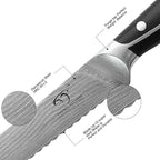 Damascus Kitchen Knife, 8 Inch Serrated Bread Knife Professional Kitchen Knife Forged with VG10 Super Steel 67-Layer, Non-slip ABS Ergonomic Triple Rivet Handle, Razor Sharp Lightweight Multipurpose