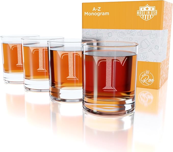 (T-Monogram)- 4 Piece Set of 11 Ounce Engraved Heavy Base Rocks Glasses Elegant Glass-Multi-Purpose Beverage-Rocks Glass- Gift for any Occasion- By: On The Rox