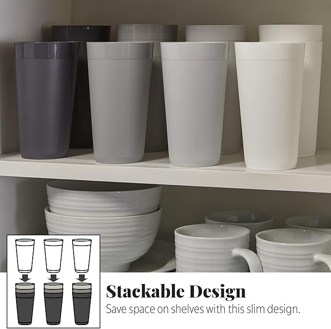 US Acrylic Newport 20 ounce Unbreakable Plastic Stackable Water Tumblers in Grey Stone | Set of 12 Drinking Cups | Reusable, BPA-free, Made in the USA, Top-rack Dishwasher and Microwave Safe