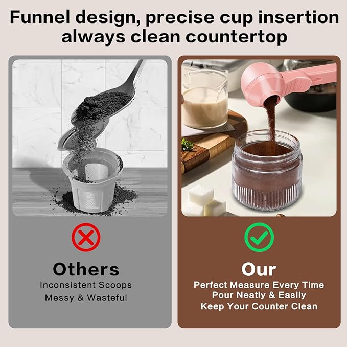 2-in-1 Coffee Scoop with Funnel, 2 Teaspoon Measuring Spoon for Reusable K Cups, Ground Coffee, Protein Powder & Tea, Mess-Free Plastic Design (Pink)
