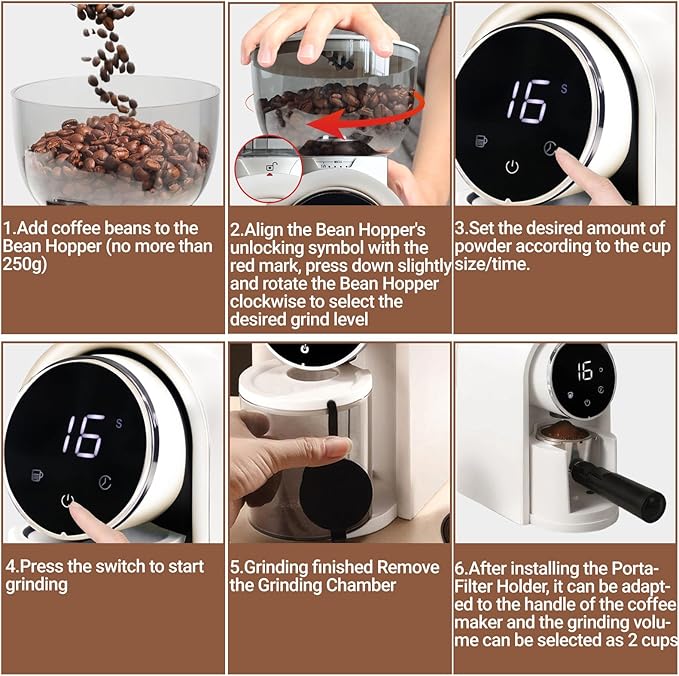 Electric Coffee Grinder Touchscreen 2-14 Cup Conical Burr Coffee Grinder with 25 Grinding Settings Cleaning Brush Grindable Espresso Drip Coffee French Press for Home Use 110V White