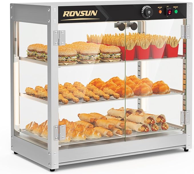 ROVSUN 3-Tier Commercial Food Warmer, 27" Pizza Warmer Food Warmer Display with LED Adjustable Lighting Glass Door Removable Shelves, Countertop Electric Food Warmer for Buffet Restaurant 110V 800W