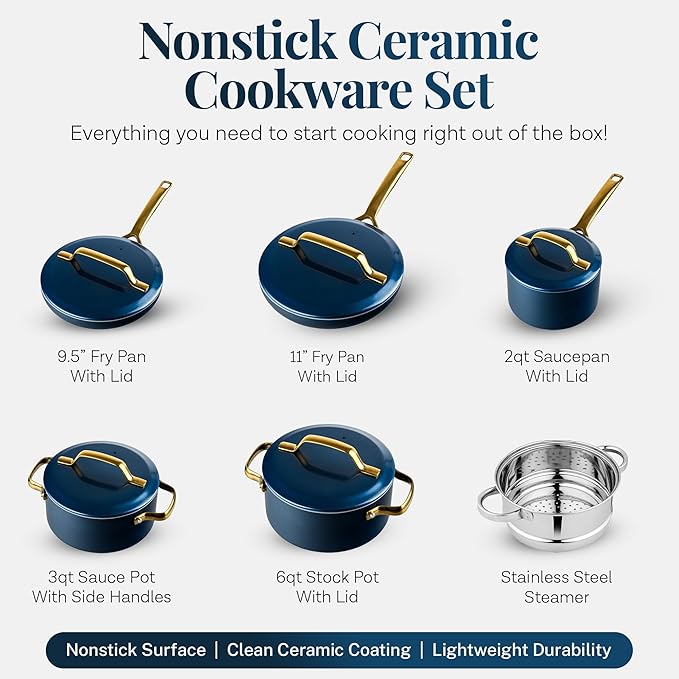 Gotham Steel Modern 11 Pc Ceramic Cookware Set, Elegantly Designed Pots and Pans Set Non Stick with Steamer, Induction Bottom, Premium Stay Cool Handles, Non Toxic PFOA Free, Oven & Dishwasher Safe