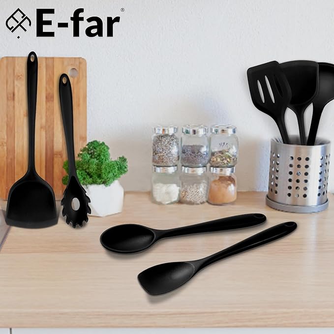 E-far 10 Pieces Silicone Cooking Utensils Set, Heat Resistant Kitchen Utensil Set for Nonstick Cookware, Kitchen Cooking Tools with Spatula, Spoon, Slotted Turner, Non-Toxic & Dishwasher Safe (Black)