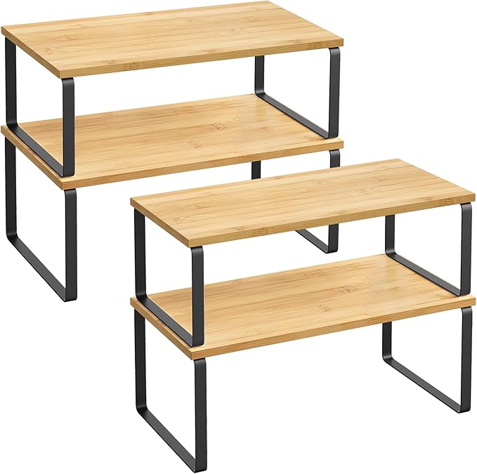 SONGMICS Cabinet Organizer Shelf, Set of 4 Kitchen Counter Shelves, Kitchen Storage, Spice Rack, Stackable, Expandable, Metal and Engineered Wood, Ink Black and Natural Beige UKCS210B01
