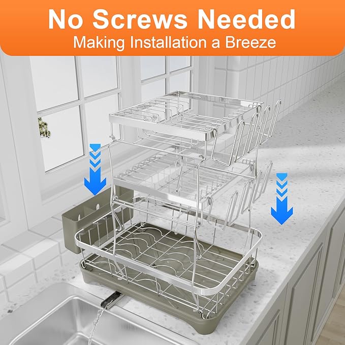 Dish Drying Rack, 2 -Tier 304 Stainless Steel Adjustable Spout Auto-Draining Dish Rack, Space Saving Dish Drainer with Drainboard and Utensil Holder for Kitchen Counter Grey