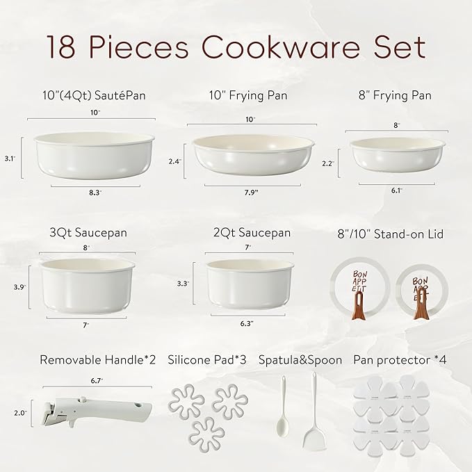 CAROTE 18Pcs Ceramic Cookware Set with Detachable Handle, Pots and Pans Set Non Stick, Non Toxic Kitchen Cooking Sets with Stand-Up Lid, PFAS and PFOA Free, Oven Safe, Induction Ready, Cream White