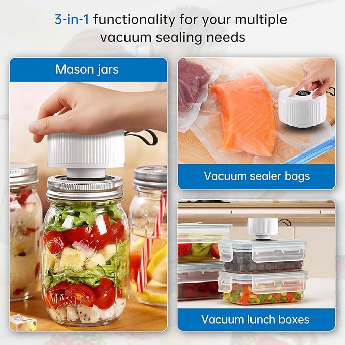 Electric Mason Jar Vacuum Sealer Kit, 3-in-1 Handheld Automatic Vacuum Sealer for Mason Jars, Food Savers & Containers | Ideal for Canning Jams, Pickles, Dry Foods, Grains | Present for Mom, White