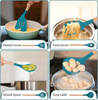 P&P CHEF Silicone Cooking Utensils Set, 8-Piece Kitchen Cooking Utensil with Wooden Handle, Silicone Spatula for Nonstick Cookware, Heat-proof & Easy Clean, Blue