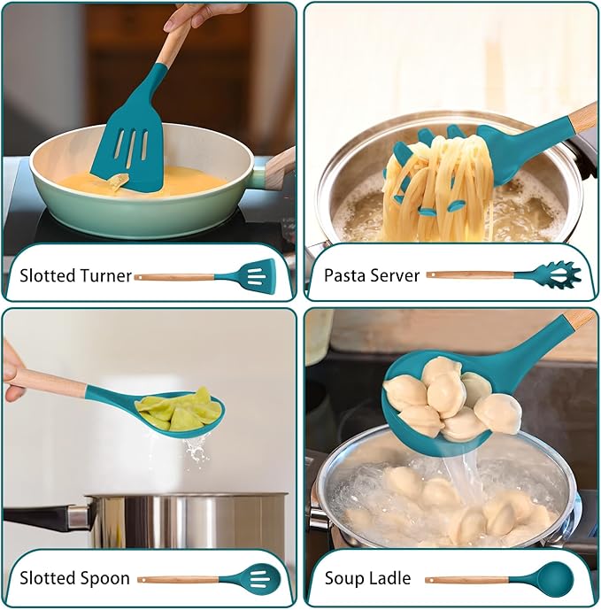 P&P CHEF Silicone Cooking Utensils Set, 8-Piece Kitchen Cooking Utensil with Wooden Handle, Silicone Spatula for Nonstick Cookware, Heat-proof & Easy Clean, Blue