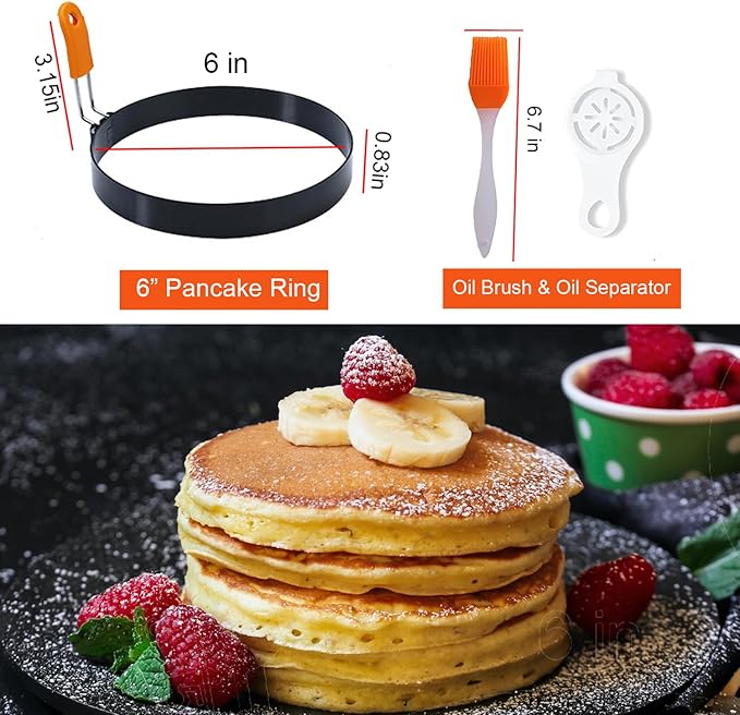 2 Packs 6" Pancake Ring for Griddle,6 Inch Non-stick Omelette Ring,Staineless Steel Psncake Mold for Griddle Egg Ring Pancake Maker with Silicone Handle