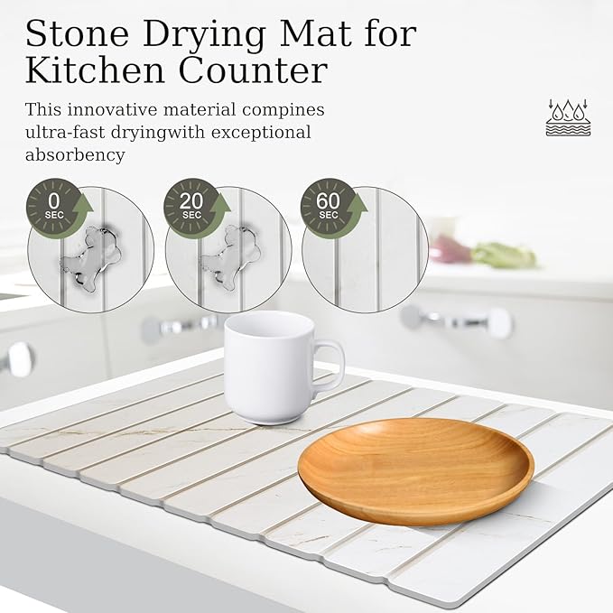 Hopegiver Stone Drying Mat for Kitchen Counter, 23.62"x15.35" Golden Marble Pattern Quick Dry Dish Drying Mat, Absorbent Diatomaceous Earth Mat for Countertop Sink Kitchen Bathroom, with Sanding Block