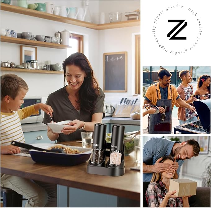 Electric Rechargeable Salt and Pepper Grinder Set,Automatic Pepper Mill Grinder with USB C Charging Dock,Upgraded 95ml Large Capacity,Adjustable Coarseness,LED Light,High-end Black