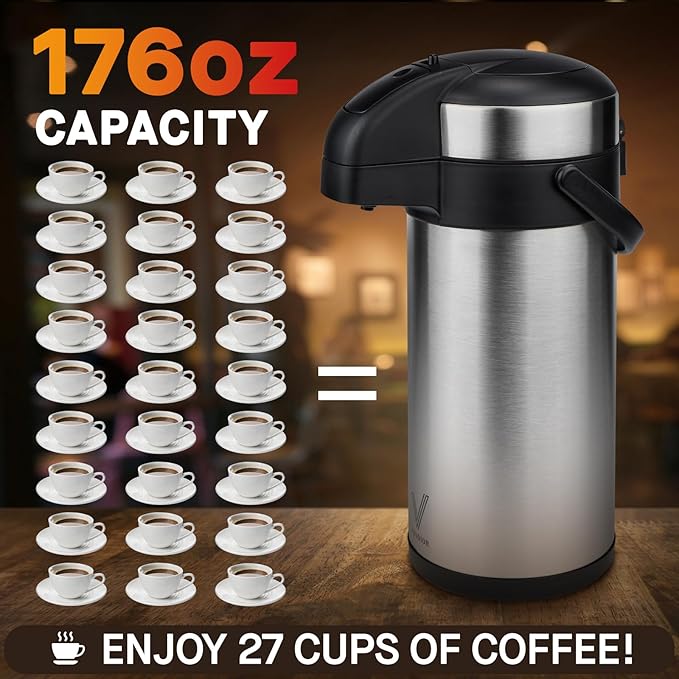VONDIOR Airpot Coffee Dispenser with Pump - 176 oz Insulated Stainless Steel Coffee Carafe - Thermal Beverage Dispenser - Coffee Urn for Hot/Cold Water, Party Chocolate Drinks