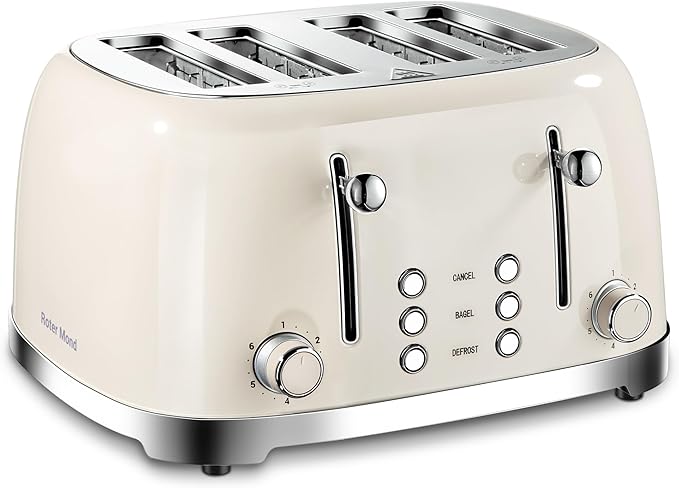 4 Slice Toaster Roter Mond Retro Stainless Steel with Bagel Defrost Cancel Function, 6 Browning Settings, Extre Wide Slot and Removable Crumb Tray, Cream, ST033