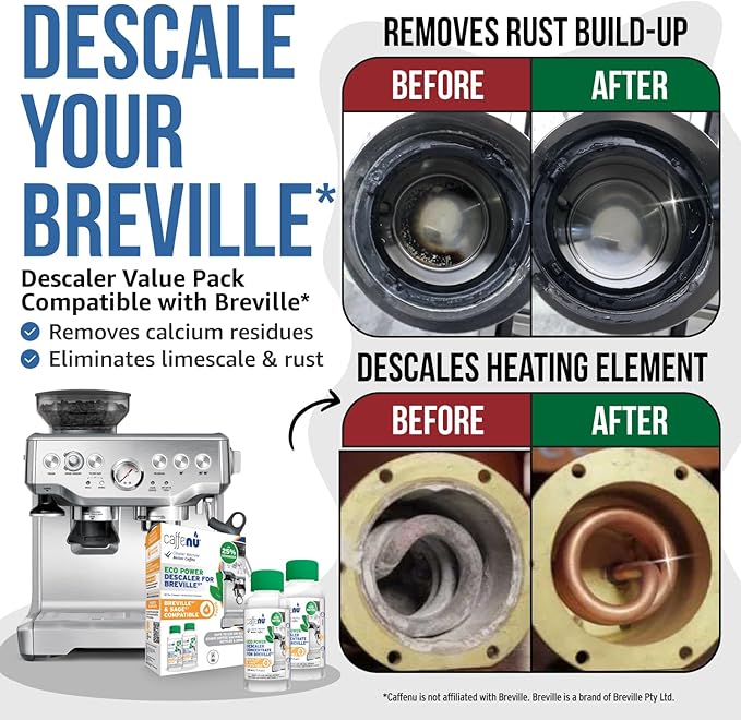Breville Compatible Descaling Solution. 2 Bottles of Descaler Solution. Descaling Kit Removes Limescale For Hotter Coffee. 4 Uses Descaler For Breville Coffee Machines.