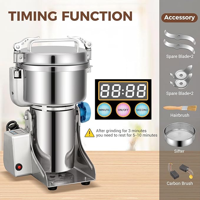Grain Mill Grinder, 750g Commercial Spice Grinder Electric 2000W Stainless Steel Pulverizer Dry Grinder for Grinding Wheat, Oats, Corn, Pepper, and Coffee Beans – Grinder for Kitchen.