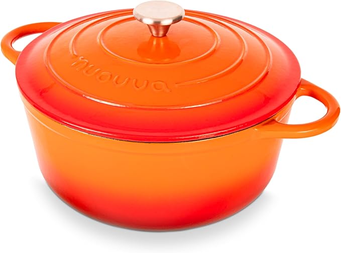 Nuovva Enamelled Cast Iron Dutch Oven Pot with Lid – 6.4 Quart Non Stick Casserole Pot – Heavy Duty & Oven Safe up to 500° F for Bread Baking, Braising, Stews, Roasting – 28cm Orange