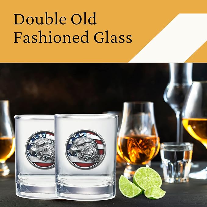 Heritage Pewter Eagle Head with Flag Double Old Fashion | Double Rocks Glass 14 oz for Liquor | Expertly Crafted Pewter Glass