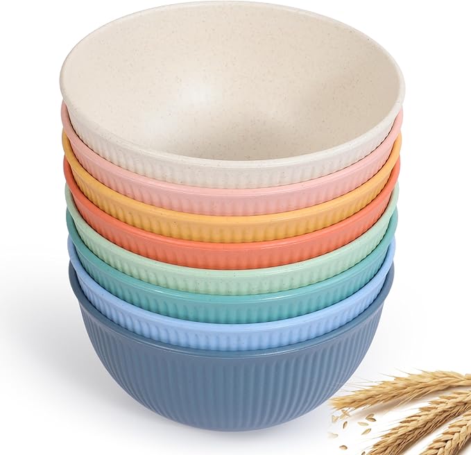 Reusable Bowls Set Unbreakable Cereal Bowls,24 OZ Wheat Straw Fiber Lightweight Bowl Sets 8, Microwave and Dishwasher Safe,Use for Ramen, Soup, Salad -Multi Color