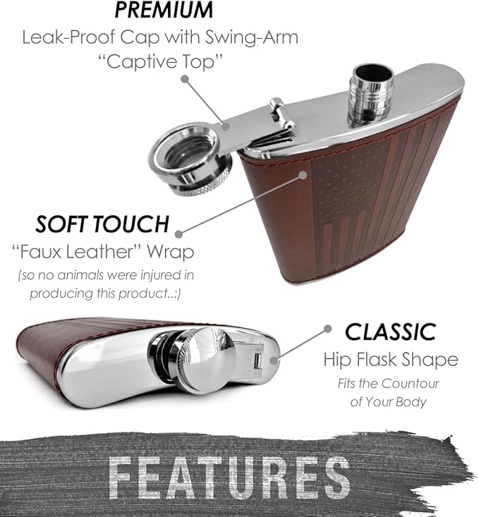 Leather American Flag Hip Flask - Leak Proof Food Grade Stainless Steel for Whiskey or Bourbon Liquor | Bonus Funnel (USA 8 Ounce Flask, Brown Leather Wrap)