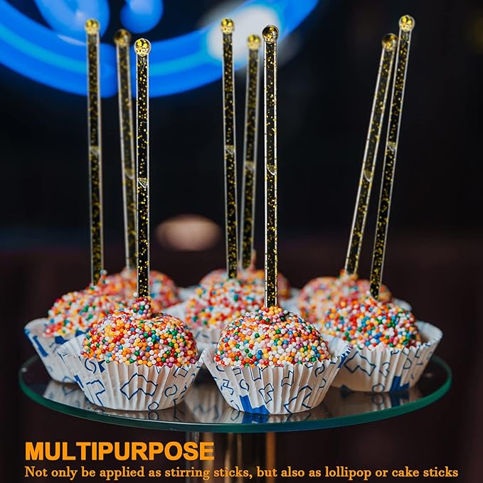 500 Pcs Gold Glitter Plastic Swizzle Sticks Crystal Cake Pops Disposable Cocktail Stir Sticks Round Ball Top Stirrers Gold Lollipop Stick for Drinks Coffee Cocktail, 7.28 Inches