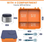 Bento Box for Kids - Leak-Proof Lunch Box with Insulated Thermos Food Jar - 4 Compartments, 1 Removable Divider, 1Spoon, 1 Fork - Dishwasher Safe, BPA-Free (Navy blue)