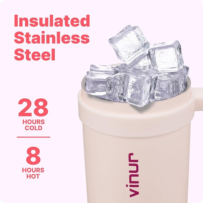 VINUR Insulated Tumbler with Handle-18/8 Stainless Steel Tumbler with Lid and Straw-Reusable Drink Water Cup Travel Mug for Women| Fits Cupholders|30 oz | Pink