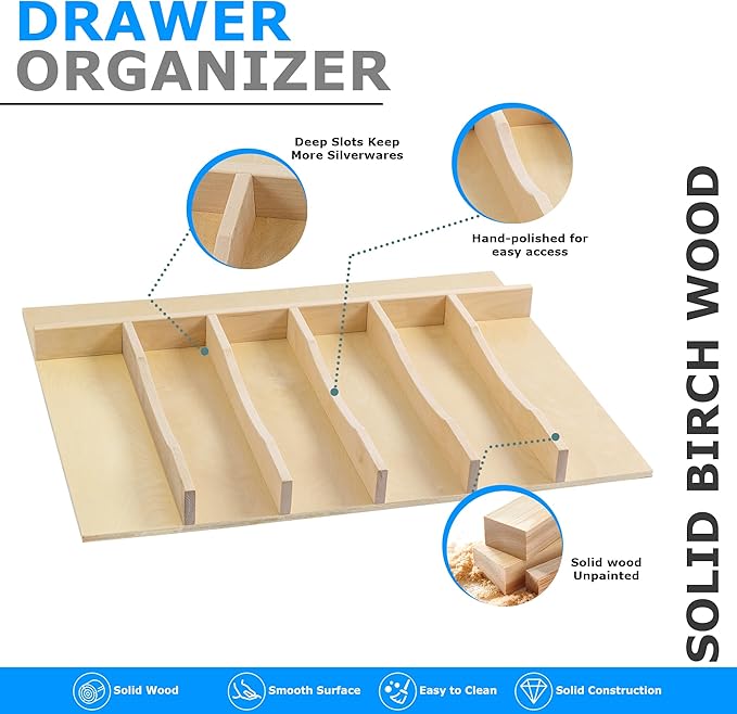 WelFurGeer Solid Birch Wood Silverware Drawer Organizer, Wooden Cutlery Drawer Organizer, Utensil Tray for Kitchen Drawers, Kitchen Utensil Organizer for Silverware, Flatware, Spoons, Forks, Knives