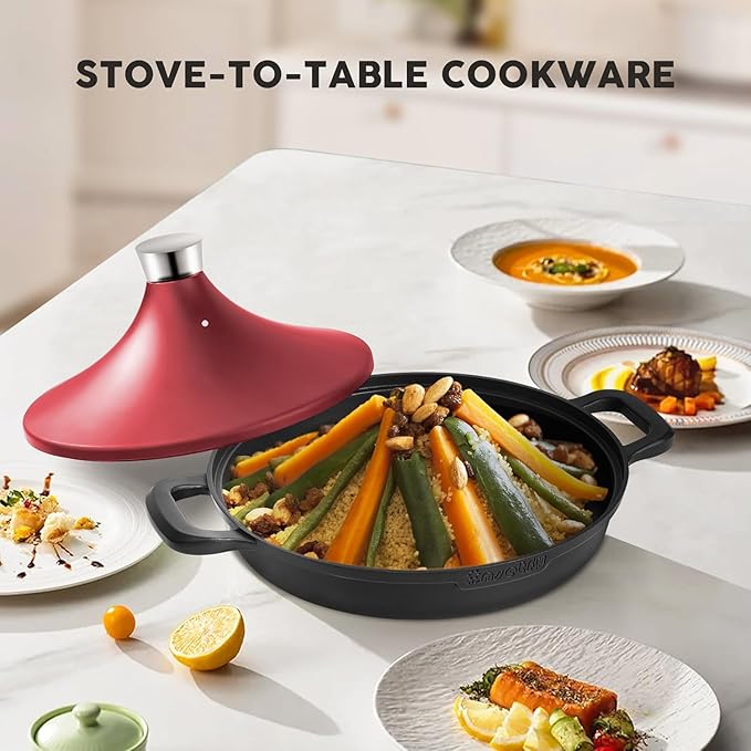 Non-Stick Frying Pan/Skillet 11", 3QT Tagine Pan,Cast Aluminum Pans with Lid, Stove/Oven-to-Table Cookware, Dishwasher Safe& Compatible with All Stovetops（Black Red）