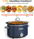 Sunvivi 4 Quart Slow Cooker & Mini Food Warmer with 3 Heating Settings, Removable Ceramic Pot, Dishwasher Safe Glass Lid, Stainless Steel, Blue