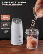 AmuseWit Gravity Electric Salt and Pepper Grinder Set [White Light] USB Rechargeable Automatic Pepper and Salt Mills,Adjustable Coarseness,One-Handed Operation, Snow White
