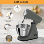 ZACME Mixers Kitchen Electric Stand Mixer 5.5QT 600W, Aluminum die casting and Gears, Dual Cooling System, Low Noise, DC Motor, LED Display and Timing Function, Tilt-head Metal Food Mixer, Grey