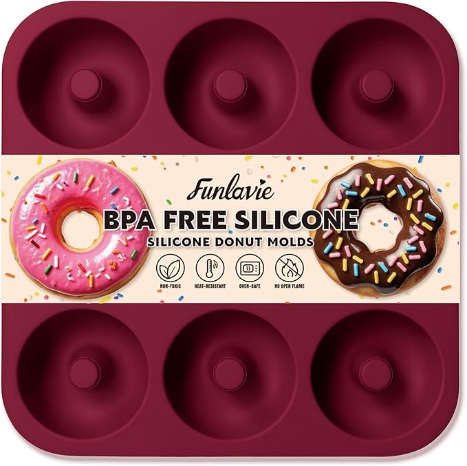 Large Silicone Donut Pan for Baking, 9 Cavity Non-Stick Food Grade Silicone Donut Molds, Doughnut Pan and Bagel Pans for Baking & Kitchen, BPA Free 11.2 x 11.1 Inches, Dishwasher Safe - Red